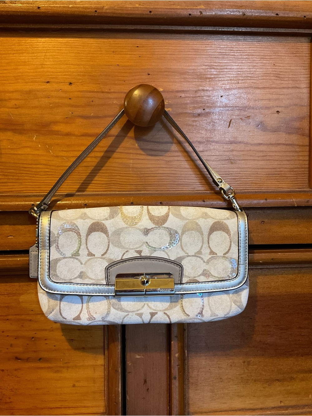 Coach Beige Signature Canvas Shoulder Bag with Metallic Trim